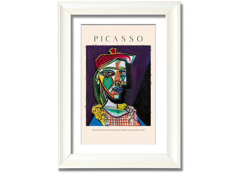 A vibrant reproduction of Picasso's 'Woman In Beret And Checked Dress 1937' printed on canvas, framed and ready to hang.